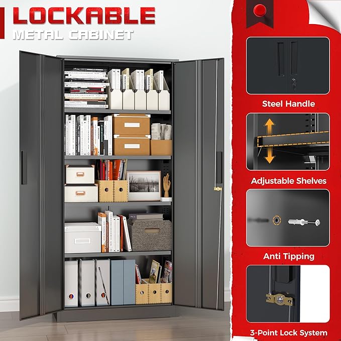 Superday Metal Garage Storage Cabinet with Lock, 71" H Lockable Storage Cabinets with Doors and 4 Adjustable Shelves, Locking Cabinet for Office, Home, Garage, Gym, School (Black)