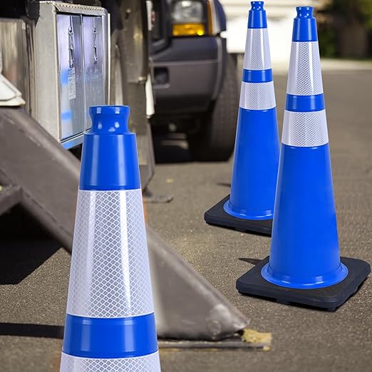 OrangeStar 36" Traffic Cones 4-Pack Blue Safety Cones with Reflective Collars, Heavy Duty Base for Construction, Parking Lot, Road Work, Flexible PVC, Indoor & Outdoor Use