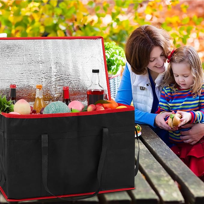 Maxcheck 2 Pcs Insulated Bags for Food Delivery XXXL Large Capacity Hot Grocery Tote Bag Reusable Warming Pizza Catering Carrier for Commercial Travel Lunch Shopping Gifts (Red Edge)