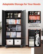 VEVOR Metal Storage Cabinet, 72.6 in Rolling Steel Garage Cabinet with 4 Adjustable Shelves, 2 Magnetic Doors & 2 Keys, 5 Tiers Lockable Tool Storage for Pantry, Warehouse, Basement, Office, Black