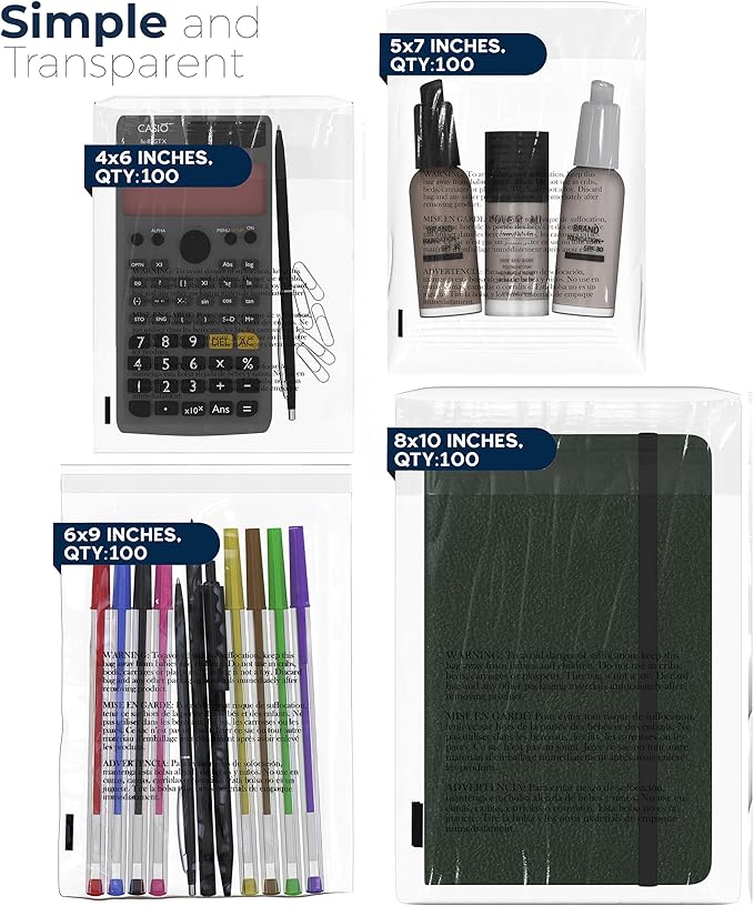Poly Bags with Suffocation Warning 4x6", 5x7", 6x9", 8x10" - Small Combo Pack of 400 (100 each size) - Clear Poly Bags by Retail Supply Co - Extra Strong Seal