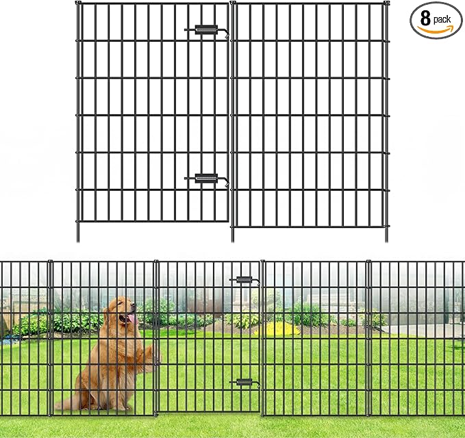 Metal Garden Fence with Gate 40in (H) x 18.7ft (L), 1 Gate + 7 Panels Dog Fence Border Fence Animal Barrier, No Dig Garden Fencing for Yard Flower Bed Lawn Patio Outdoor, PIN402808G Black