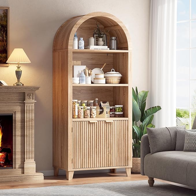 Arched Storage Cabinet, 5-Tier Pantry Cabinet with Fluted Doors, Arched Cabinet with Open & Adjustable Shelves, Versatile Cupboard for Dining Room, Living Room, Light Oak