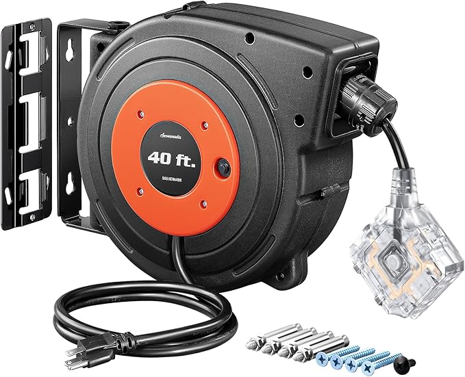 DEWENWILS 40 FT Retractable Extension Cord Reel with 6 Grounded Outlets, Twist-lock Stopper, 12/3C SJTOW Heavy Duty Power Cord, Wall/Ceiling Mounted for Garage, Workshop, ETL Listed