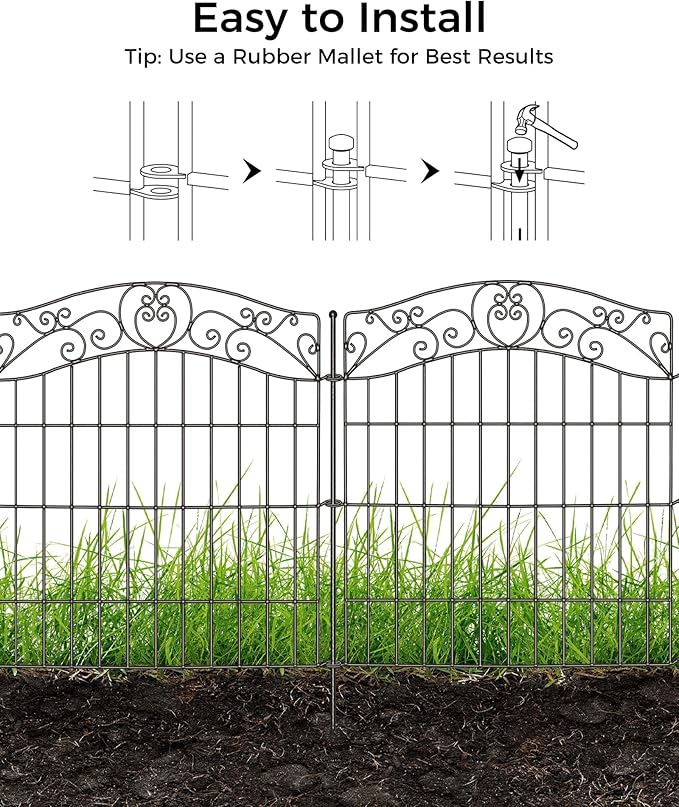5 Panels No Dig Decorative Outdoor Garden Fence with Gate, 32 in(H) X 11.8 ft(L) Animal Barrier Fencing, Rustproof Portable Fence, Temporary Dog Fence Outdoor for Yard, Outside, Backyard