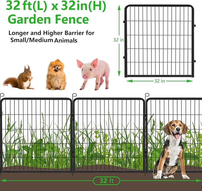 Jhsomd Decorative Garden Fence with Gate, 32in(H) x 32Ft(L) Rustproof Metal Fence Panels for Dogs, 12 Panels No Dig Garden Fencing for Yard, Exra Wide Landscape Edging for Flower Beds, Patio