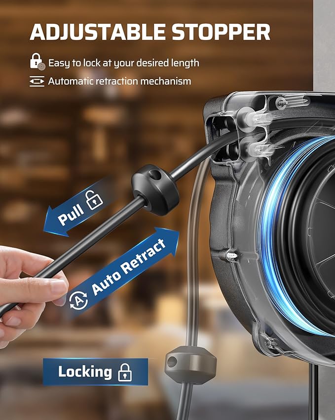 DEWENWILS 30FT Retractable Extension Cord Reel, 16/3C SJTW Heavy Duty Power Cord, Lighted Triple Outlets, 10A Circuit Breaker, Lightweight 180° Swivel Bracket, Ceiling/Wall Mount, ETL Listed, Black