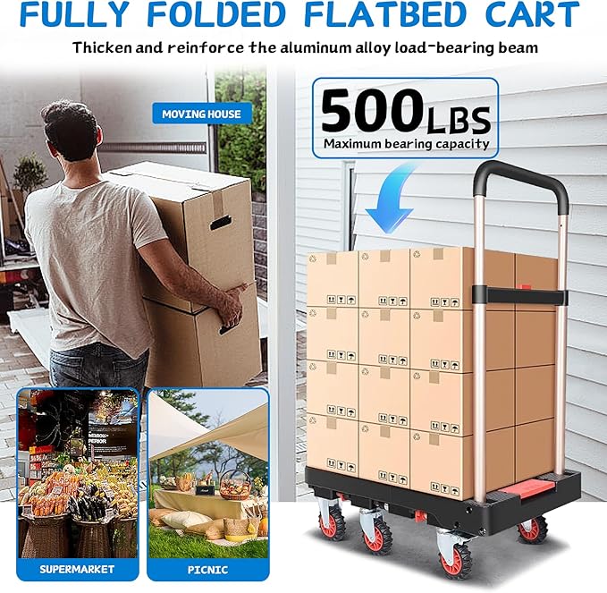 Heavy Duty 500lbs Capacity Hand Truck Collapsible Cart w/Brake Wheel, Retractable Platform & Handle,Sponge Grip,Portable Dolly Cart for Luggage,Camping,Delivery & Storage