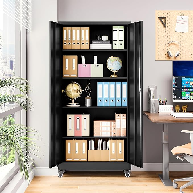 Metal Storage Cabinet with Wheels, Tall Garage Storage Cabinet with 4 Adjustable Shelves and 2 Doors, Lockable Tool Cabinet for Garage Home Office,Gym,School(Black)