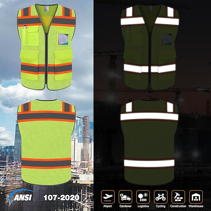 TCCFCCT High Visibility Vest 5 Pockets Mesh Reflective Safety Vest for Men Women, Hi Vis Work Vest with Reinforced Zipper and Fluorescent Orange Edge, Durable to Use, Meets ANSI/ISEA, DW-Yellow, 2XL