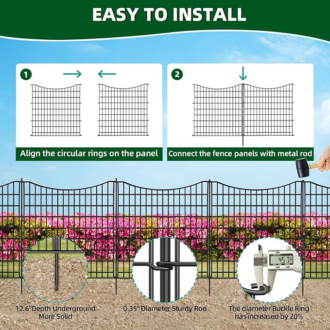 12 Panels No Dig Decorative Fence with Gate, 42 in(H) X 27 ft(L) Tall Garden Fence Animal Barrier, Rustproof Metal Wire Edging Border, Temporary Dog Blocker for Outdoor, Yard, Patio