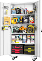 Greenvelly 72" Metal Storage Cabinet with Wheel and Pegboard, Lockable White Metal Garage Cabinets with 2 Doors and 4 Adjustable Shelves, Rolling Steel Tool Cabinet for Garage, Home Office, School