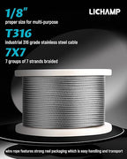 Lichamp 450FT 1/8" Stainless Steel Wire Rope Cable, Aircraft 316 SS Braided Steel Wire Thin Metal Cable Hardware for Deck Railing Handrail Safety System, SSC450