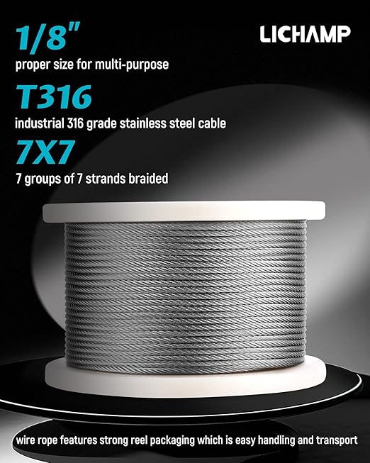 Lichamp 450FT 1/8" Stainless Steel Wire Rope Cable, Aircraft 316 SS Braided Steel Wire Thin Metal Cable Hardware for Deck Railing Handrail Safety System, SSC450