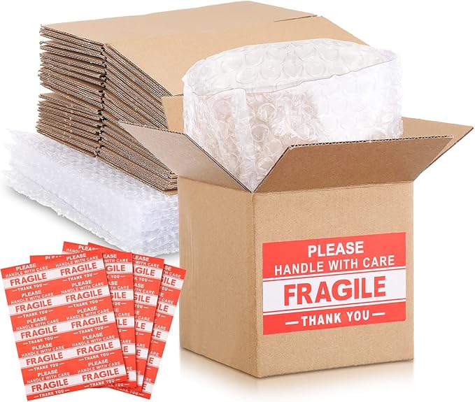 TaoBary 50 Set 4 x 4 x 4 Shipping Boxes for Small Business with Bubble Cushioning Wrap Fragile Packing Label Stickers Candle Small Mail Box Corrugated for Electronics Mug Gift Christmas