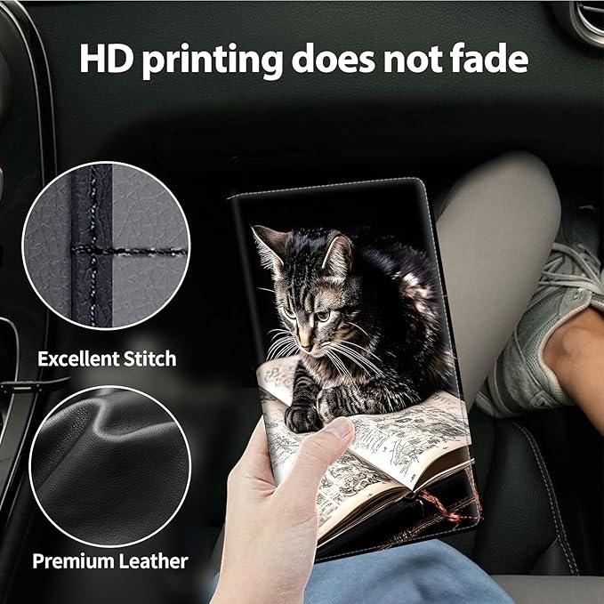 Car Registration and Insurance Holder, Leather Car Glove Box Organizer, Cool Car Accessories for ID, Driver's License Cards & Essential Document,business cards,Men&Women,Brown Cat and Book