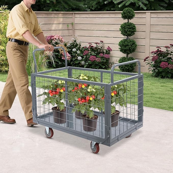 2000lbs Capacity 5-in-1 Heavy Duty Folding Platform Truck, Industrial Utility Cart with Removable Cage & 4 Casters, Hand Push Wagon for Warehouse, Garage, Retail Moving