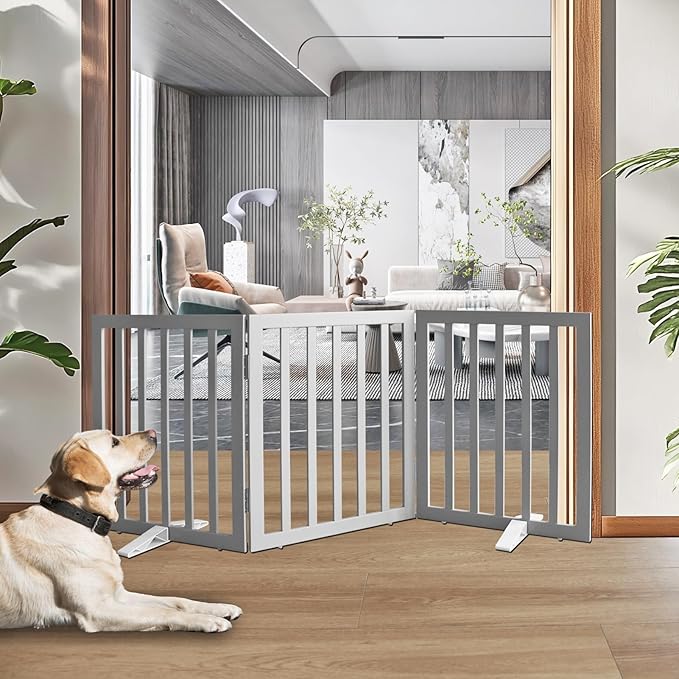 ZJSF Freestanding Indoor Dog Gate for House Foldable Wood Puppy Gate for Doorways Pet Gate for Stairs Extra Wide Pet Fence, Grey, 24" Height 3 Panels
