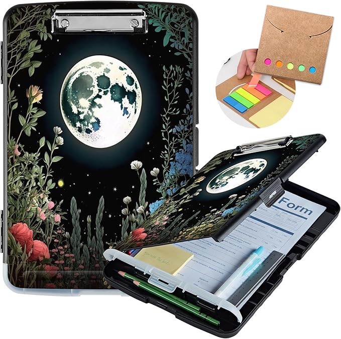 Clipboard with Storage,Heavy Duty Plastic Storage Clipboard with Low Profile Clip,Teacher Must Haves,Office Supplies,Grass Flowers Moon Star