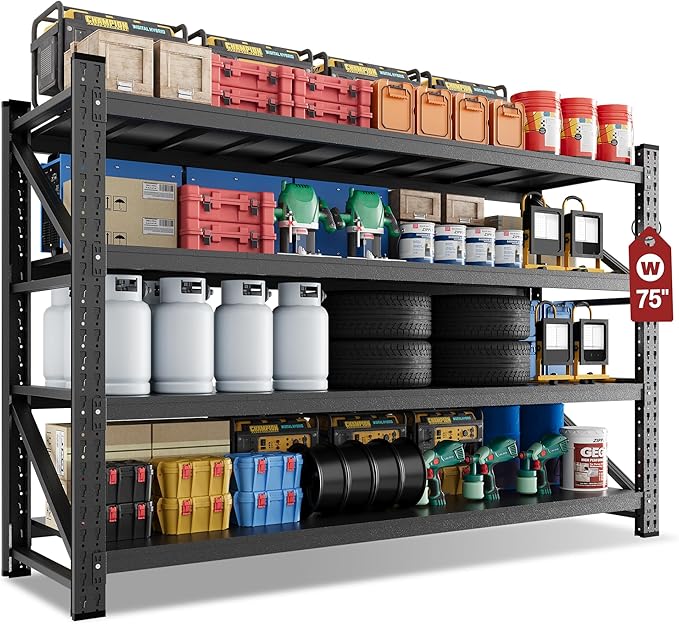 75" Wide Industrial Storage Shelves, 9000LBS Garage Shelving Heavy Duty, Standing Shelf Units, 4 Tier Metal Adjustable Storage Shelving Rack for Shop Warehouse Basement, 75'' W x 24''D x 70'' H