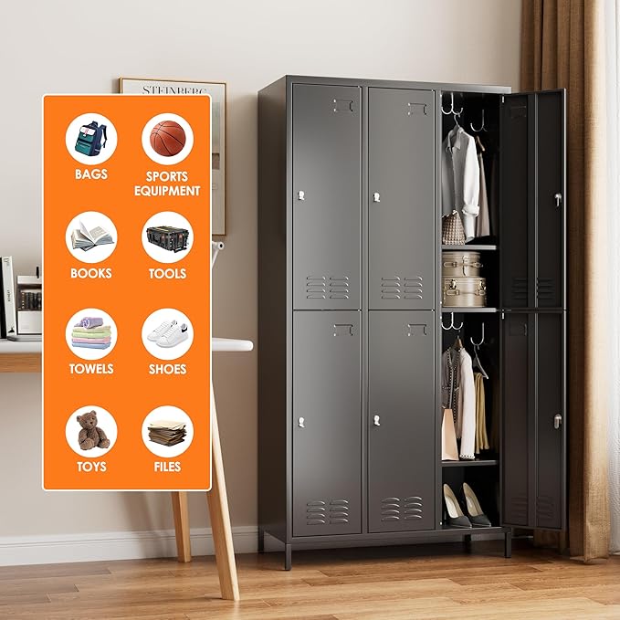 6 Doors Metal Locker for Employees with 18 Hooks,Metal Locker with Business Card Holder forOffice Gym Home,Assembly Required,Black