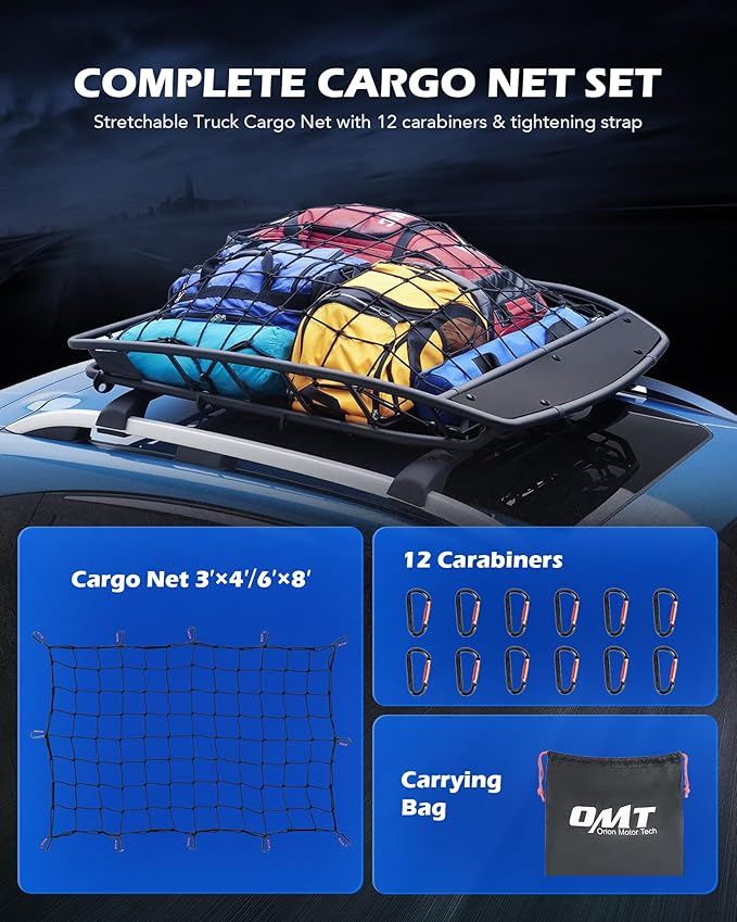 Orion Motor Tech 3x4 ft Heavy Duty Cargo Net for Pickups SUVs Vans Semis, 6x8ft Max Bungee Cord Net for Truck Bed Roof Rack Trailer More with Handmade Knotting, 12 Carabiners, Storage Bag