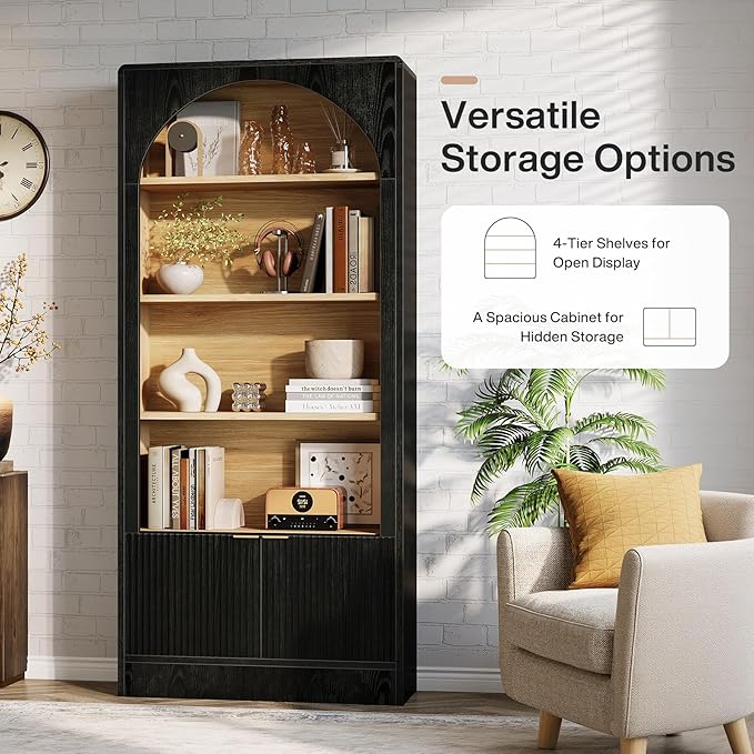 Tribesigns 71" Tall Office Storage Cabinet with Doors, Arched Bookshelf File Organizer with Storage and Shelves, Modern Farmhouse Standing Bookcase for Home Office, Printer Storage, Black