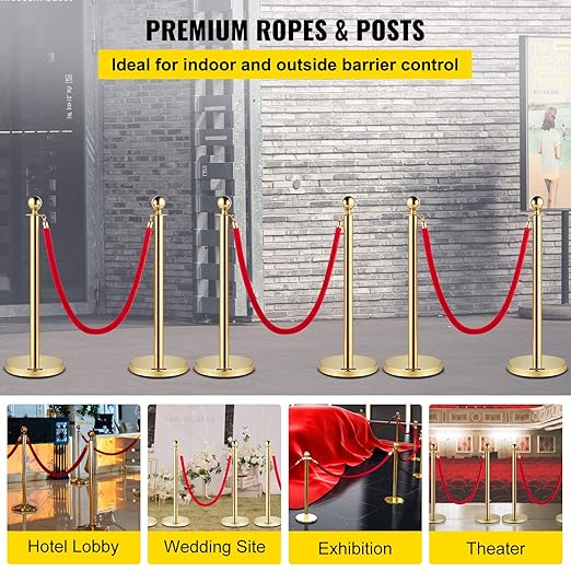 VEVOR Velvet Ropes and Posts 6 Pcs Red Velvet Rope 5 ft, Stanchions Solid Base with Ball Top, Crowd Control Barriers Gold Stanchions, Red Carpet Poles, Crowd Control Ropes and poles for Party Supplies