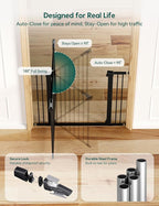 BABELIO 36" Tall Baby Gate, 26-40" Wide Auto Close Pet Gate, PressGuard C5 Pressure Mounted Metal Dog Gate, Easy-Install No Drilling, No Tools Needed, with Wall Protectors and Extension Kits, Black