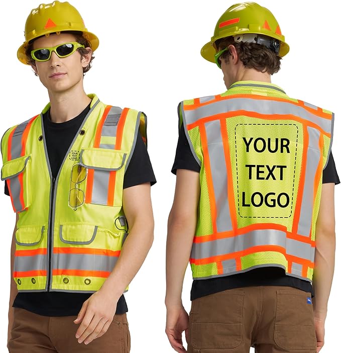 AYKRM Heavy Woven cotton High Vis Reflective work construction safety vest for men Class 2 with ipad Cargo Pockets