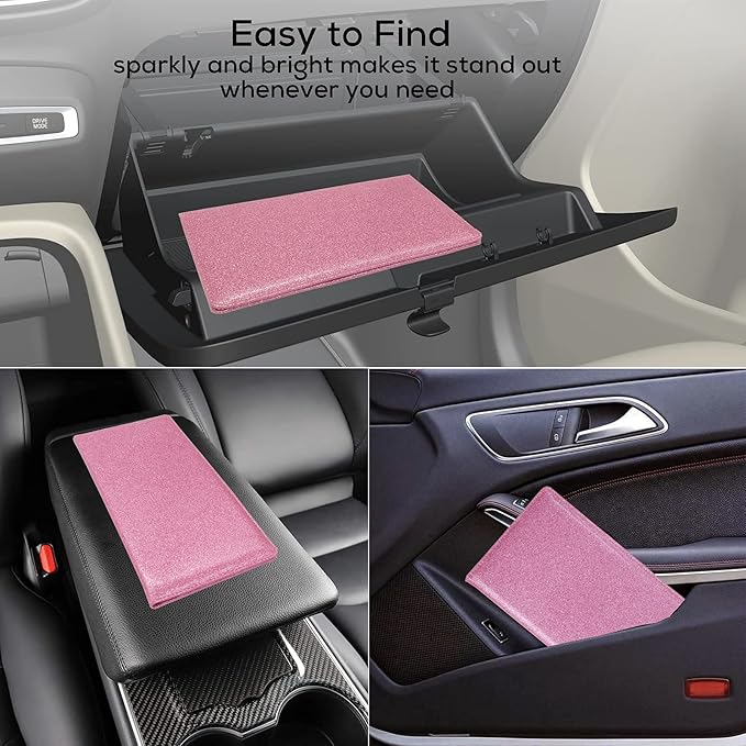 Car Registration and Insurance Holder, Leather Magnetic Shut Vehicle Glove Box Organizer for Document, Card, Driver License, Glitter Pink