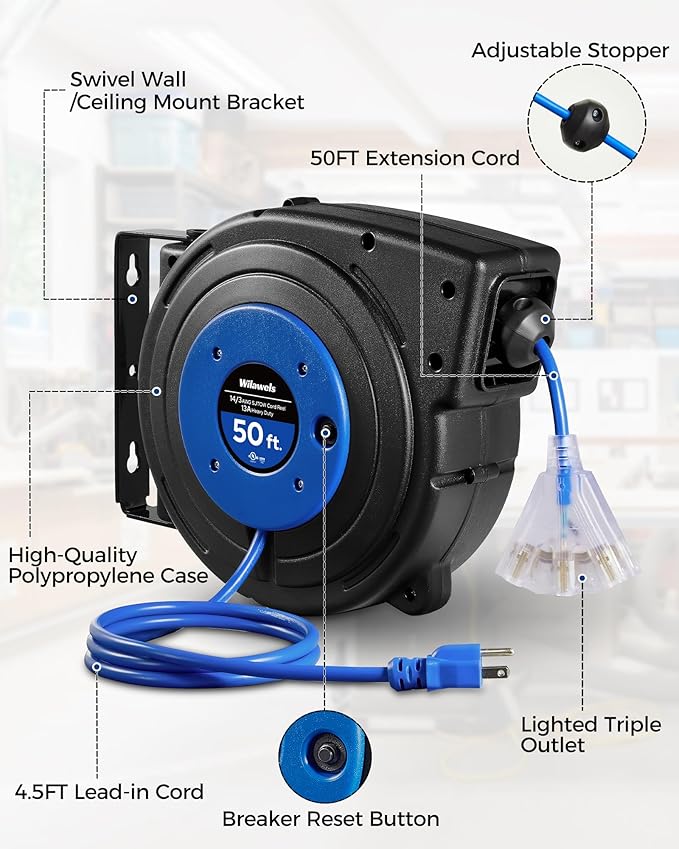 Retractable Extension Cord Reel, 50 FT Heavy Duty Power Cord, 14AWG/3C SJTOW, 3 Grounded Outlets Lighted Triple Tap, 13 Amp Circuit Breaker, UL Listed, Blue U50CR06