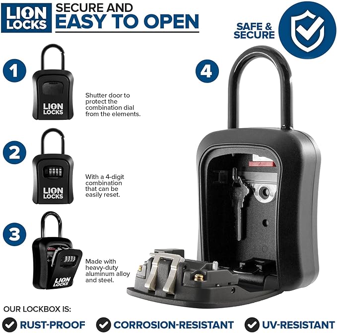 Lion Locks Lock Box - House Key Lockbox, Real Estate Lock Box with Combination, Car Key Safe - Waterproof, Easy Install, Black