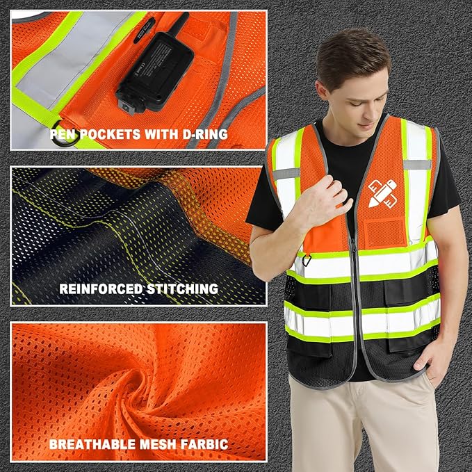 10 Pack Custom Safety Vest Customized Logo Mesh Vest Class 2 High Visibility Reflective Vest with Pockets Workwear（Orange Black，S ）