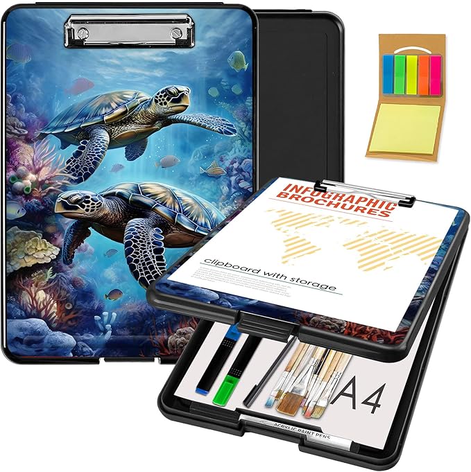 Clipboard with Storage,Office Supplies Nursing Clipboards Folder with Pen Holder Plastic Foldable Clip Board with Storage for Nurse Teacher,Turtle in Sea