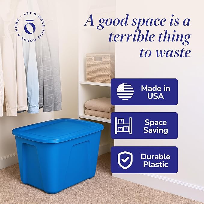 HOMZ 4-Pack Durable Molded Bin, Plastic Storage Containers w/Lids, 18 Gallon, Blue - Stackable Organizer Totes and Boxes for Bedroom, Kitchen, and Garage Organization