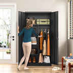 Wide & Deep Metal Storage Cabinet with Hanging Rod,Black Broom Closet Storage Cabinet with Lock,72" Tall Wardrobe Cabinets with Doors and Shelves,Locking Steel Tool Cabinets for Home,Office,Garage