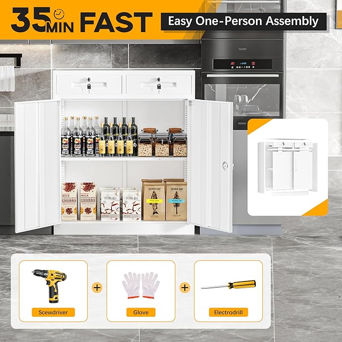 Greenvelly Metal Storage Cabinet with Drawers,42” White Cabinet Steel Garage Cabinet with 2 Doors and Adjustable Shelves, Lockable Storage Cabinet for Home Office, Garage, School, Apartment, Warehouse