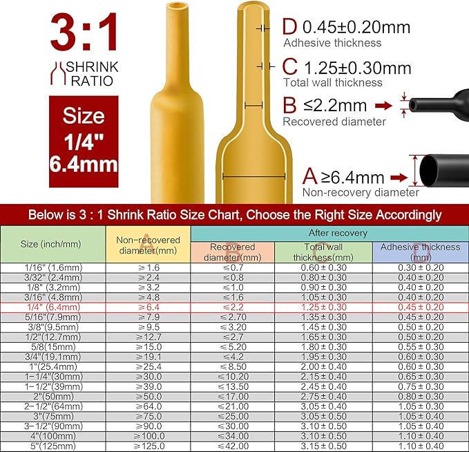 Chanzon 3:1 Ratio 1/4" (6.4mm) Heat Shrink Tubing - Marine Grade Waterproof Adhesive Lined - 8Ft Roll (2.5M Total Length) Yellow Polyolefin Sleeving Wrap Shrinking 3 to 1 Ratio 1pcs