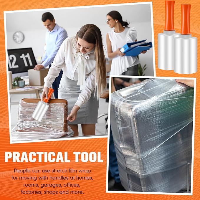Jutom 16 Pcs Stretch Wrap Roll Plastic Wrap for Moving with 2 Handles 5" x 1000 ft Packaging Shrink Film Self Adhering Shipping Supplies for Moving Furniture Pallet(Clear, Orange)