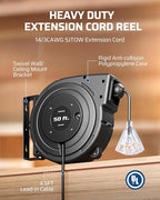DEWENWILS Retractable Extension Cord Reel, 50FT Heavy Duty Power Cord, 14/3AWG SJTOW, Lighted Triple Tap Outlets, 13 Amp Circuit Breaker, Ceiling/Wall Mount, UL Listed