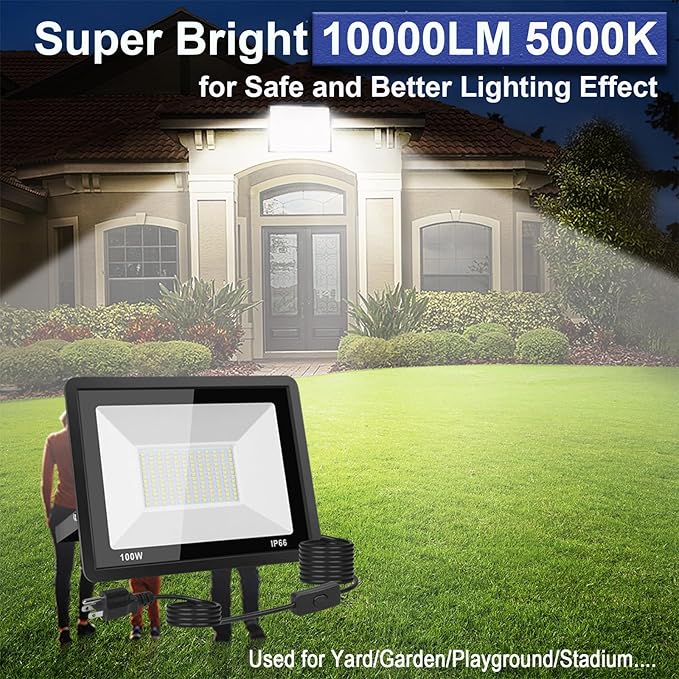 2-Pack 100W LED Flood Light Outdoor, 10000LM Bright Plug-in Flood Lights with Switch, IP66 Waterproof Exterior Security Lights, LED Work Light for Garage, Yard, Garden, Playground, Stadium, Arena