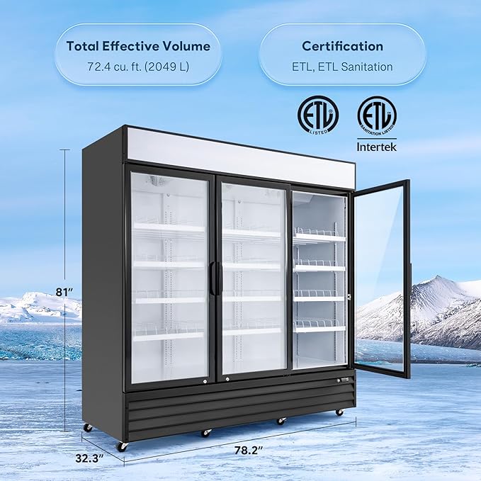 Wilprep Commercial Refrigerator, 72.4 cu. ft. Upright Beverage Display Refrigerator with LED Lighting, 78.1" Swing Glass Door Merchandiser Fridge, ETL, ETL sanitation Listed