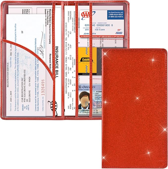 Cacturism Car Registration and Insurance Holder, Vehicle Glove Box Car Organizer Men Women Wallet Accessories Case with Magnetic Shut for Cards, Essential Document, Driver License, Bling Red