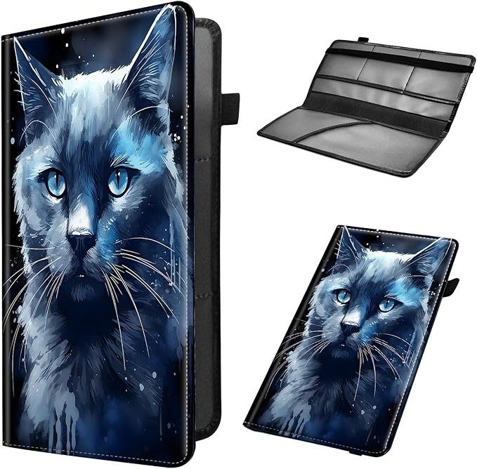 Car Registration and Insurance Holder, Leather Car Glove Box Organizer, Cool Car Accessories for ID, Driver's License Cards & Essential Document,business cards,Men&Women,Blue Cat