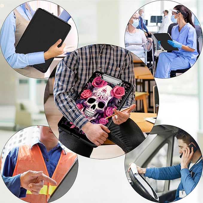 Clipboard with Storage,Office Supplies Nursing Clipboards Folder with Pen Holder Plastic Foldable Clip Board with Storage for Nurse Teacher,Flowers Skull