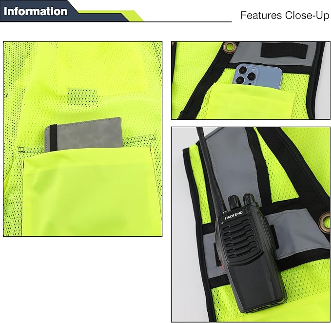 Class 2 High Visibility Reflective Safety Vests Women & Men With 15 Pockets And Zipper Front,Meets Ansi/Isea Standards