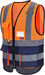 A-SAFETY High Visibility Safety Vest with 4 Reflective Strips 7 Pockets,Orange&Navy Mesh X-Small