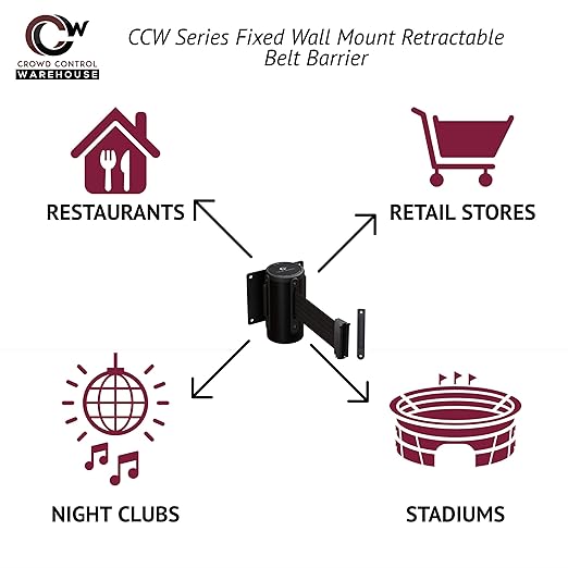 Crowd Control Warehouse - CCW Series WMB-125 Fixed Wall Mount Retractable Belt Barrier - 11 Foot, Black/Yellow Stripe Belt with Black Steel Case