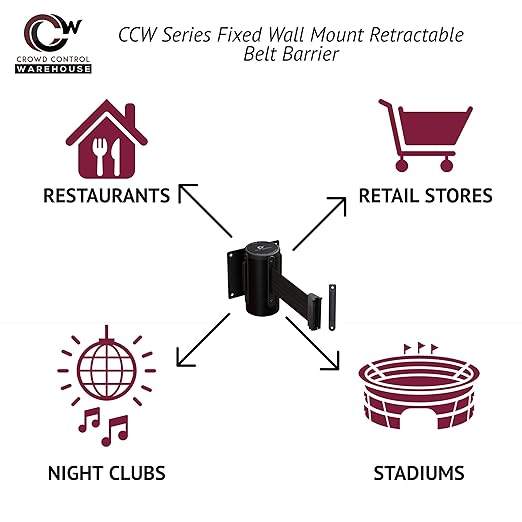 Crowd Control Warehouse - CCW Series WMB-125 Fixed Wall Mount Retractable Belt Barrier with Black Steel Case, Blue Belt, 11' Belt Length